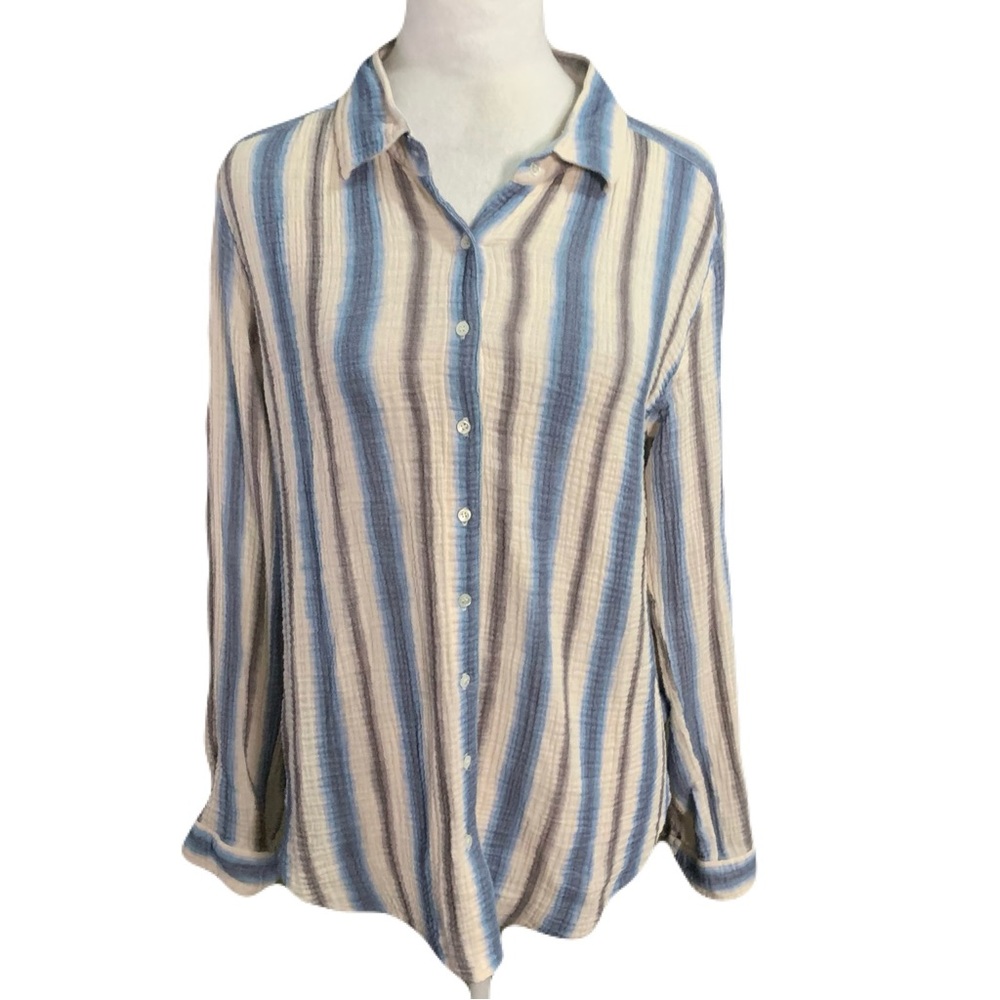 XiRENA Women’s Medium Multicolor Striped Button Down Cotton Crepe Casual Shirt
